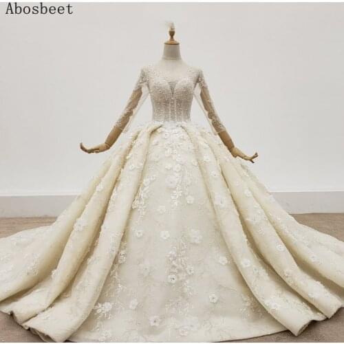 Ivory Shiny Beads Top Three Quarter Sleeve 2021 Wedding Dress with 200CM Long Train 3D Flowers Ball Gown Wedding Dress Open Back