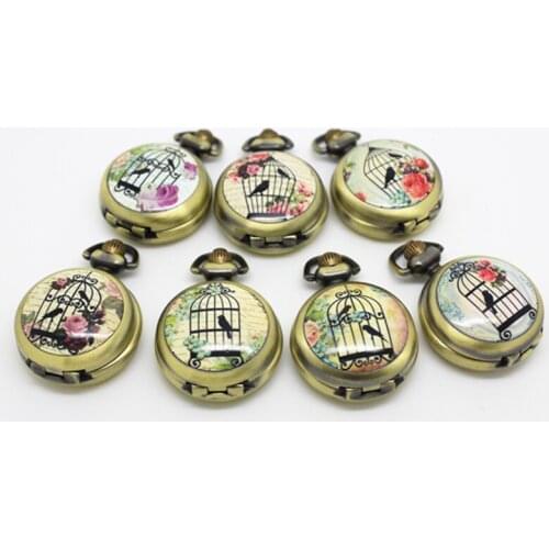 6005) Vintage Bronze Birdcage Flower Quartz Pocket Watch Necklace with mirror inside, Dia 2.9.cm Mix design. 12pcs/lot