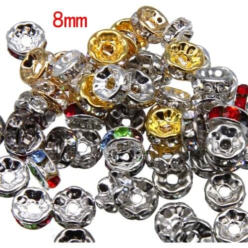100pcs/lot 8mm Gold Silver Color Rhinestone Rondelles Crystal Bead Loose Spacer Beads for DIY Jewelry Making Accessories