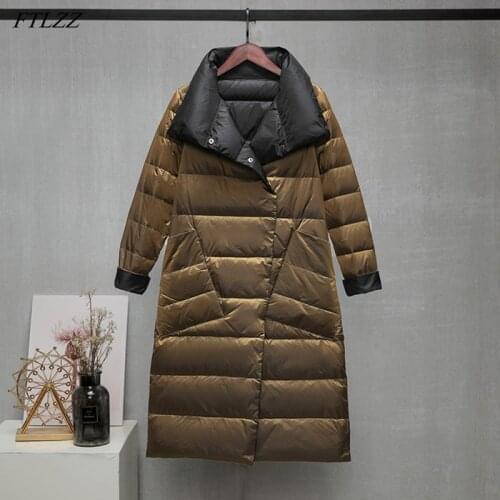 FTLZZ Winter New Women Splicing Double Sided Down Long Jacket White Duck Down Splicing Jackets Light Thin Slim Warm Snow Coat
