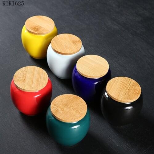Mini Ceramic Tea Caddy with Wooden Lid Color Multifunctional Storage Tank Kitchen Storage Container Portable Tea Caddy Art Decor