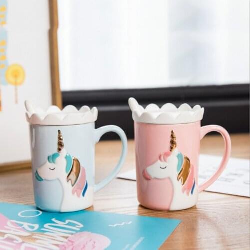 Creative Lovely Unicorn Crown Mug Lid Scoop Embossed Ceramic Cup Pink Girl Coffee Milk Cup Office Household Cute Funny Mugs Gift