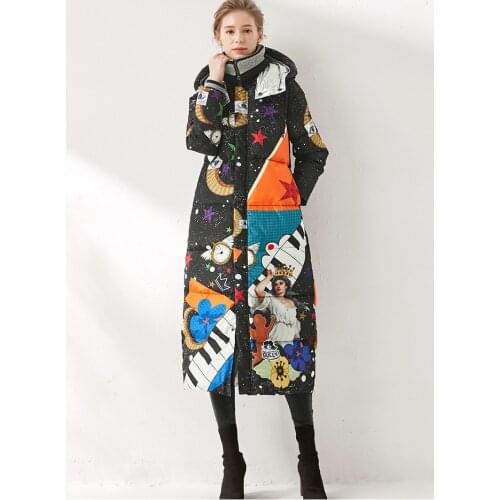 High Quality 2019 New Temperament Luxury Fashion 90% White Duck Down Women Down Jacket Print Winter Warm Parka Overcoat Female