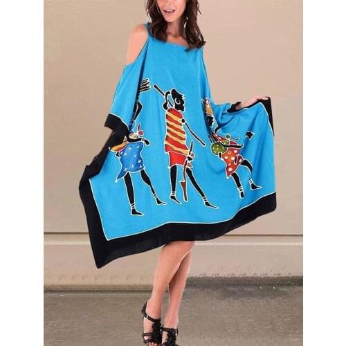 Summer Loose Print African Dresses Patchwork Large Size Casual Off-shoulder Mid-length Lady Party Suspender Sling Women Dress