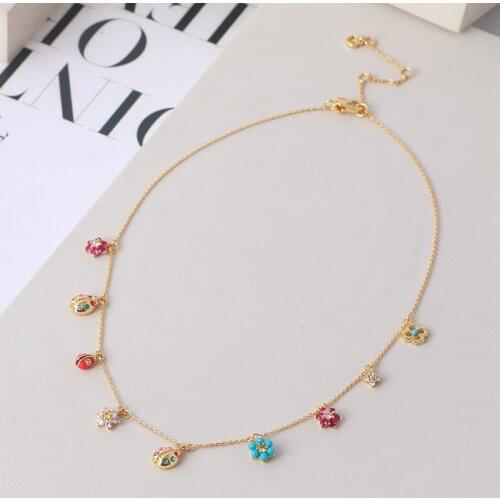 Small fresh girl heart three-dimensional diamond-studded ladybug color flower multi-drop necklace clavicle chain gift girl