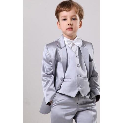 Silver Cute Kids Suits Custome Homme Fashion Children Clothing Set Formal Classic Flowers Boy Blazer(Jacket+Pants+Bowtie+Vest)
