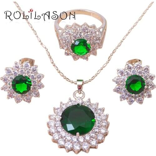 Trendy Wedding Set Silver Peridot Crystal Zirconia Jewelry Sets Earrings Necklace Pendants Rings#7 #7.75 8 JS196