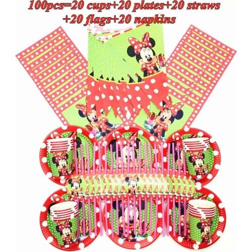 Disney Minnie Mouse Kids Girl Birthday Decoration Supplies Tableware Set Paper Plates Cups Napkin Straws Flag Baby Shower Favors