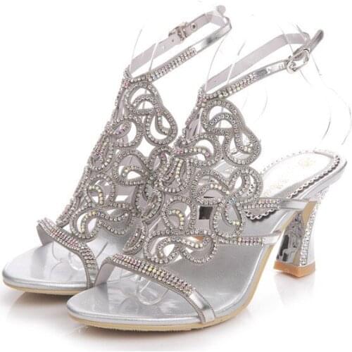 2018 Summer New Diamond Sandals Female Chunky Heeled High Heels Crystal Fashion Womens Large Size Shoes 11 Gold Silver Black