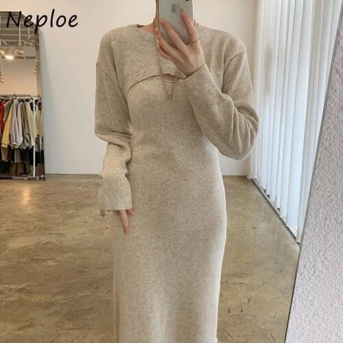Neploe New Solid Color Suit Chic All-match Loose Short Knit Capes + Sexy Split Camis Dress Women 2021 Fashion 2 Piece Set