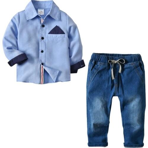 Oklady New Boys Cotton Long-sleeved Shirt + Denim Trousers 2Pcs Suit Childrens Sets Autumn And Winter Baby Clothes