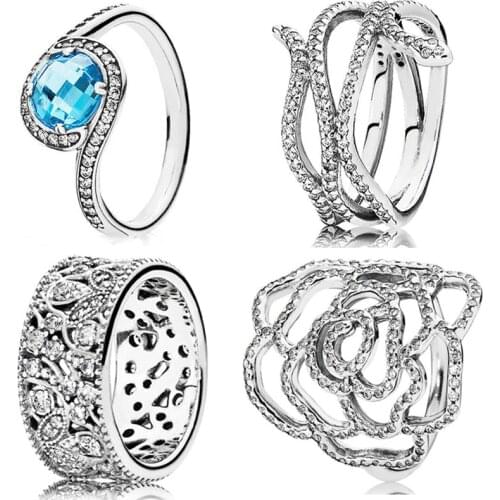 Original Sky Blue Radiant Embellishment Wild Rose Flower Snake Leaves Band Ring 925 Sterling Silver Ring For Europe Jewelry