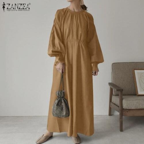 ZANZEA Korean Solid Elegant Kaftan Female Party Holiday Vestidos Vintage Button Puff Sleeve Robe Womens Fashion Long Maxi Dress