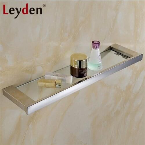Leyden Hanging Glass Shelf Storage Modern Polished Chrome Square Wall Mounted Stainless Steel Glass Shelf Bathroom Accessories