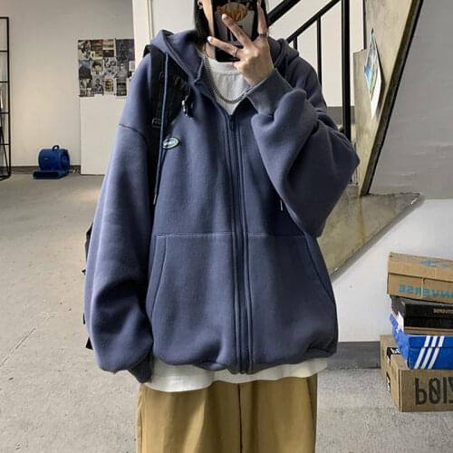 QingWen Women Zipper Sweatershirt Loose Trend Student Autumn Ins Spring Autumn Couple Solid Color Coating Hooded Cardigan Jacket