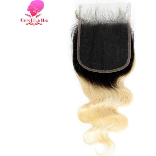 QUEEN BEAUTY Brazilian Body Wave 4 x 4 Closure 1B 613 Blonde Ombre Color Remy Free Middle Part Swiss Lace Closure With Baby Hair