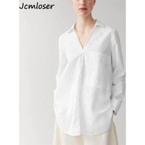 Minimalist Loose White Shirts for Women V-Neck Solid Female Shirts Tops 2021 Spring Summer Blouses BF Style Women Tops