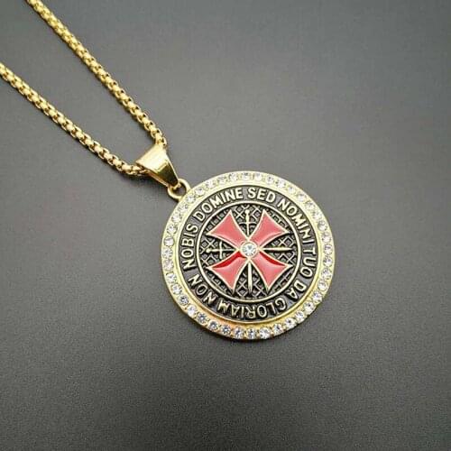 Hip Hop Rhinestones Paved Bling Iced Out Stainless Steel Knights Templar Iron Cross Pendants Necklaces for Men Jewelry