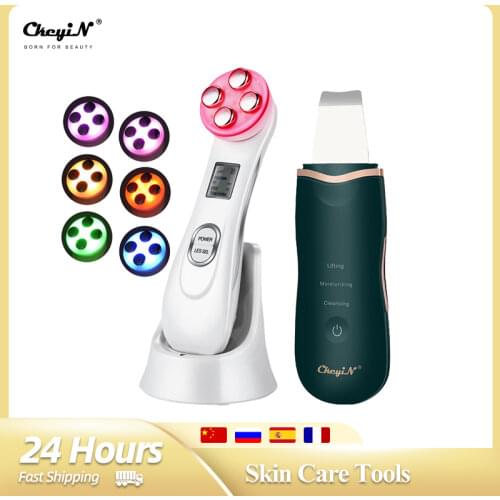 CkeyiN Ultrasonic Facial Scrubber+LED Photon Mesotherapy Electroporation Face Lifting Tighten Wrinkle Removal Face Skin Care