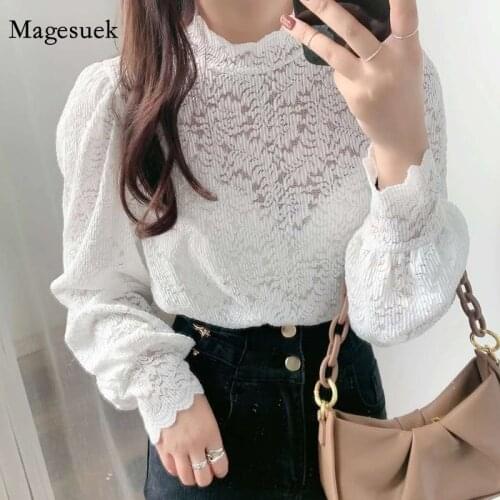 Autumn Korean Lace Shirts Long Sleeve Loose Lantern Sleeve Blouse Sweet Stand Collar Lace Elegant Women Tops Base Shirt 12277