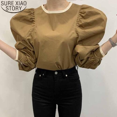 2021 Spring New Puff Sleeve Vintage Blouse Women Ruffled Shirt O-neck Ladies Tops Loose Korean Chic Lace Up Blusas Mujer 12784