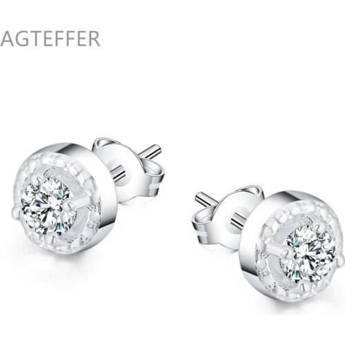 AGTEFFER 925 Sterling Silver Round Zircon Stud Earrings for Women Wedding Engagement Fashion Charm Jewelry