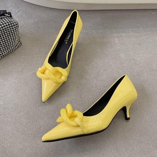 2021 Woman Fashion Fetish 5cm Low High Heels Scarpins Chain Pointed Toe Shoes Stripper Orange green Office Stiletto Party Pumps