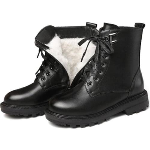 Womens Winter Warm Snow Boots Wool Leather Ankle Boots Trendy Round Toe Laces Zipper Platform Women Boots Big Yards 40 41 42 43