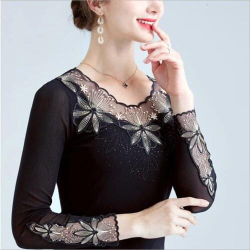 4XL Plus size Women lace tops New 2020 Spring long sleeve Mesh t-shirt Fashion embroidered diamond long sleeve T-shirt