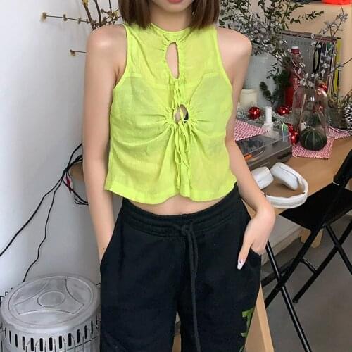 Women’s Fashion Solid Color Vest Sexy Round Neck Hollow Bandage Exposed Navel Sleeveless Tops