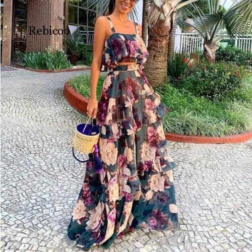 Boho New Sexy Women Chiffon Two Piece Set Crop Top Long Skirt Floral Printed Bandeau Bandage Ruffles High Waist Casual Suit