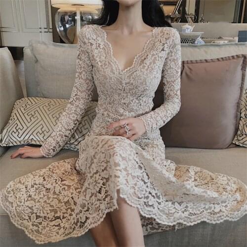 2021 Autumn Dress Fashion Women Long Sleeve Lace Dress Elegant Lady Midi-Long V-neck Party Dressess Vestidos Bottomings WZ1138