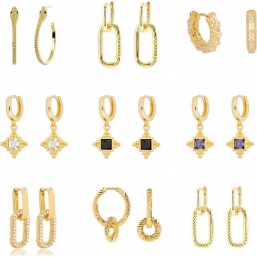 Aide 925 Sterling Silver Black Square Zircon Charm Hoop Earrings For Women Double U Shape Circle Geometric Earrings Fine Jewelry