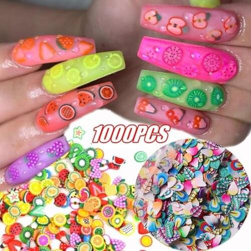 1000Pcs/Bag 3D Candy Fruit Feather Flowers Mix Designs Tiny Slices Polymer Clay DIY Beauty Nail Art Decorations Nail Accesoires