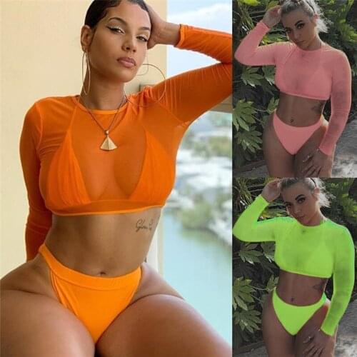 3PCS Sexy Beach Bikini Set Mesh Sheer Push-up Bra+Solid Long Sleeve Cover-Ups+High Waist Briefs Swimwear Swimsuit for Women