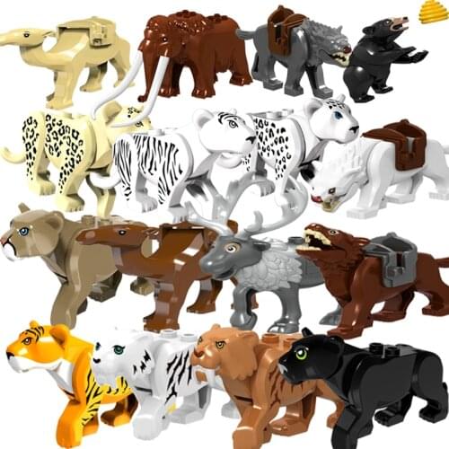Building Bricks Locking Animals Tiger Leopard Elephant Wolf Shark Polar Bear Whale Blocks Kids Toys Animal Figures Assemble