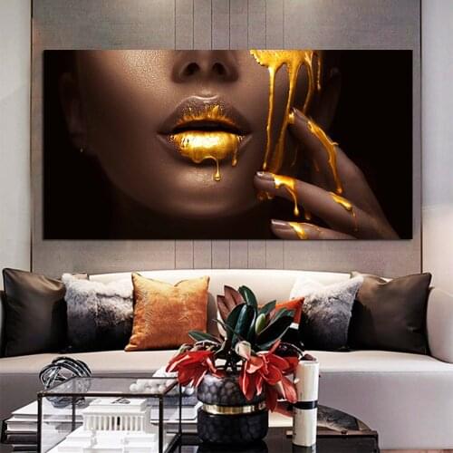 Large SizwGolden Lip Modern Portrait Poster Prints Wall Art Canvas Painting Women Pictures for Living Room Home Decor No Frame