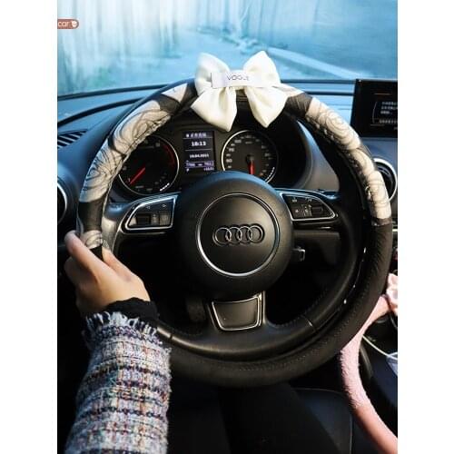 Spring And Summer Steering Wheel Cover Black Mountain Camellia Flax Ice Four Seasons Flower Handle Cover Black Pink Accessories