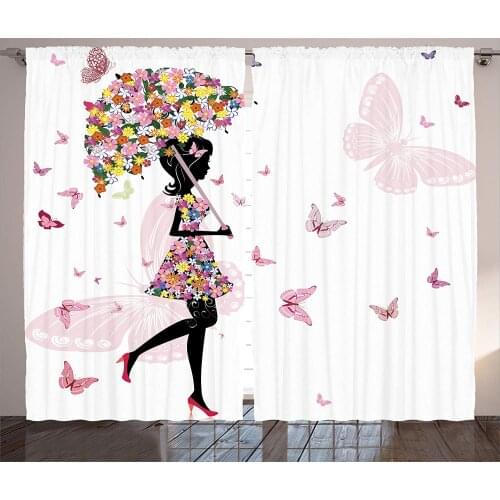 Girly Curtains Girl with Floral Umbrella and Dress Walking with Butterflies Inspirational Artsy Print Living Room Bedroom Decor