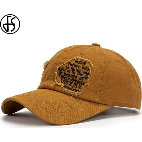 FS New Spring Summer Baseball Cap Yellow Cotton Worn Hole Letter Embroidery Trucker Hat For Men Women Streetwear Korean Sun Hats