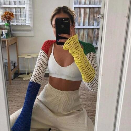 Y2K Long Sleeve Patchwork Sexy Crop Top2021 Summer Vintage Beach Backless Hollow Out Knitted T Shirt Casual Party Fashion Shawl