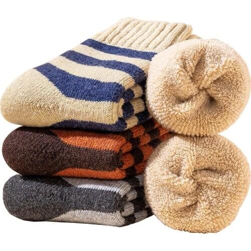 5 Pairs Strip Wool Socks Retro Heavy Thick Winter Warm Thermal Terry Hiking Boot Socks for Men Middle Tube Size 38-44