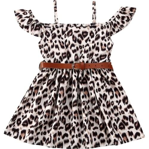 Infant Baby Girls Dress+Belt Leopard Print Off Shoulder Knee Length A-Line Dress 1-6Y