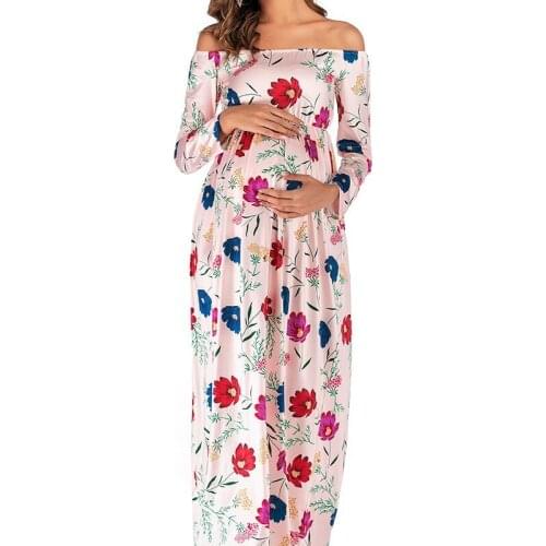 Shoulderless Women Maternity Dress Summer Floral Pregnat Outfits Bohemian Ankle Length Clothes
