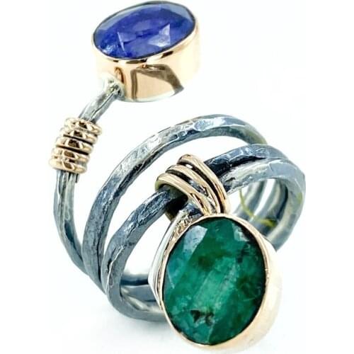 Hand Production Natural Ruby Emerald Cubic Zirconia Top Quality Authentic sterling Silver Ring