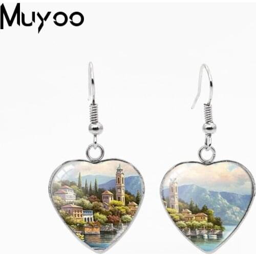 2020 New Beautiful Scenery Oil Paintings Heart Fish Hook Earring Landscape Paintings Jewelry Heart Dangle Earrings