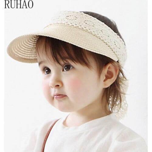 RUHAO Summer baby girls Straw Sun Hat Kids Beach Hats Girl Lace Empty Top Hat Children visors hat