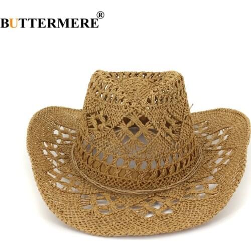 Straw Hat Womens Sun Hat Hand Knitting Summer Hat Western Cowboy Cowgirl Hat Hollow Out Khaki Women Men Unisex Sunhat