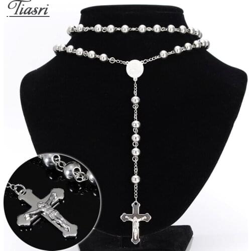 Tiasri 4/6/8mm Jesus Cross Pendant Long Chain Aesthetic Necklace For Women Stainless Steel Sweater Round Bead Chain Jewelry
