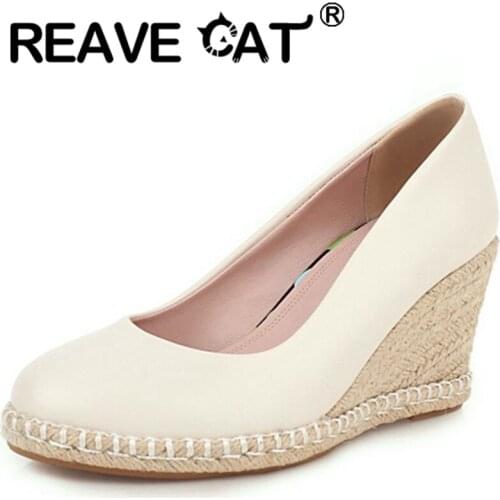 REAVE CAT 2021 Spring Leisure Pumps PU Cover Heel Slip On Rattan Wedges Round Toe 7.5cm Size 30-44 Green Beige Black White A4170
